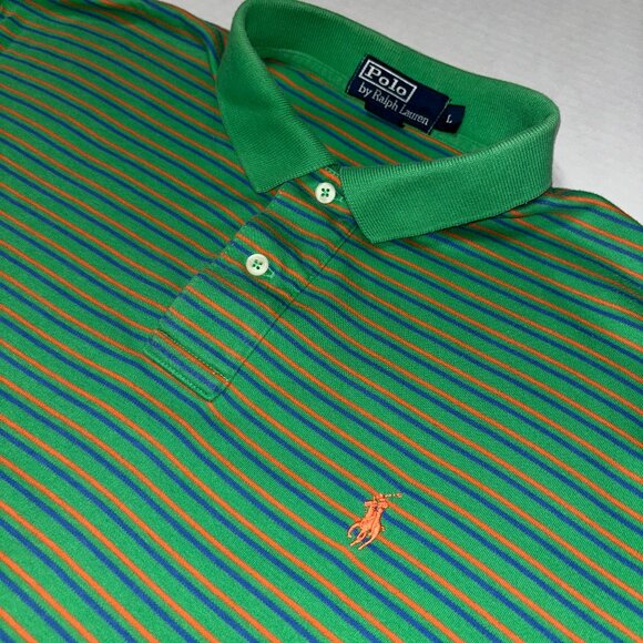 Polo Ralph Lauren Mens L Green Orange Blue Stripe Polo Shirt Short Sleeve Cotton - Picture 2 of 7